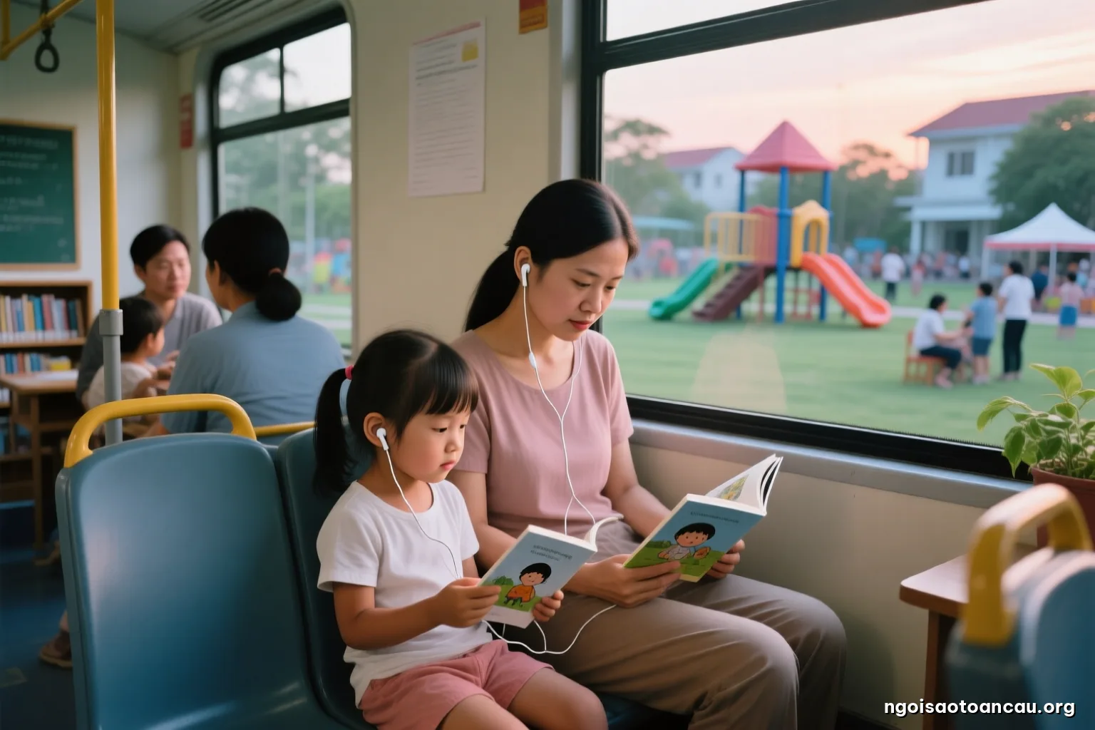 Side view of a mother and a five-year-old on a bus seat at dusk, sharing one pair of wired earphones, the child holding a small paper picture book closed on her lap, window reflections
