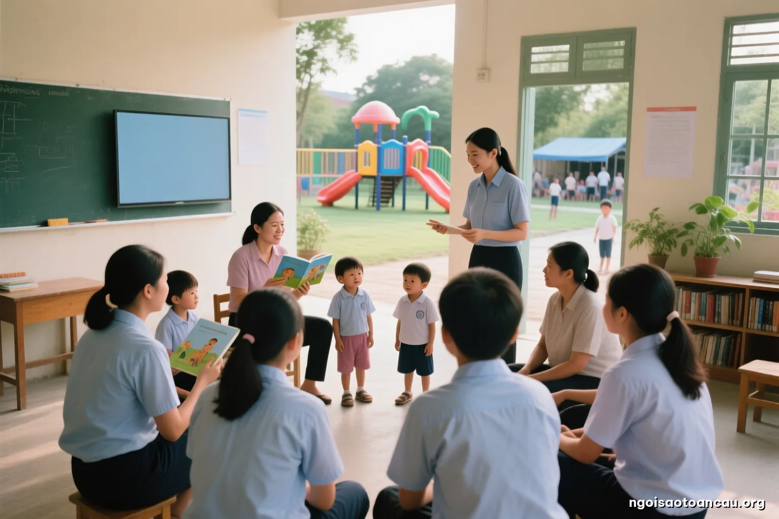 Late afternoon in a rural communal courtyard, university students in matching plain shirts leading a circle game with small children, parents watching from the shade, wide angle, faces turned away