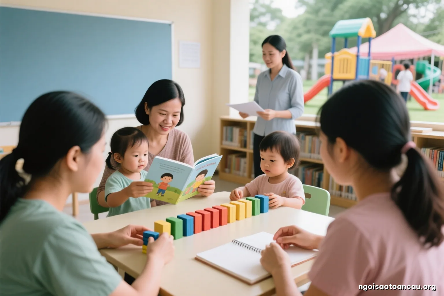 Close-up of hands sorting small stacks of colored wooden counting cubes into rows on a pale table, a notebook with blank pages beside them, soft overhead daylight, calm neutral tones