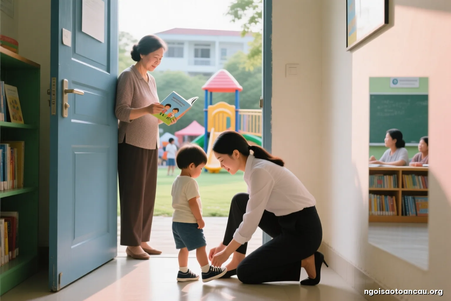 Low angle view of a young mother in office clothes kneeling to tie the shoe of a toddler at an apartment doorway, an older woman waiting behind, warm morning light
