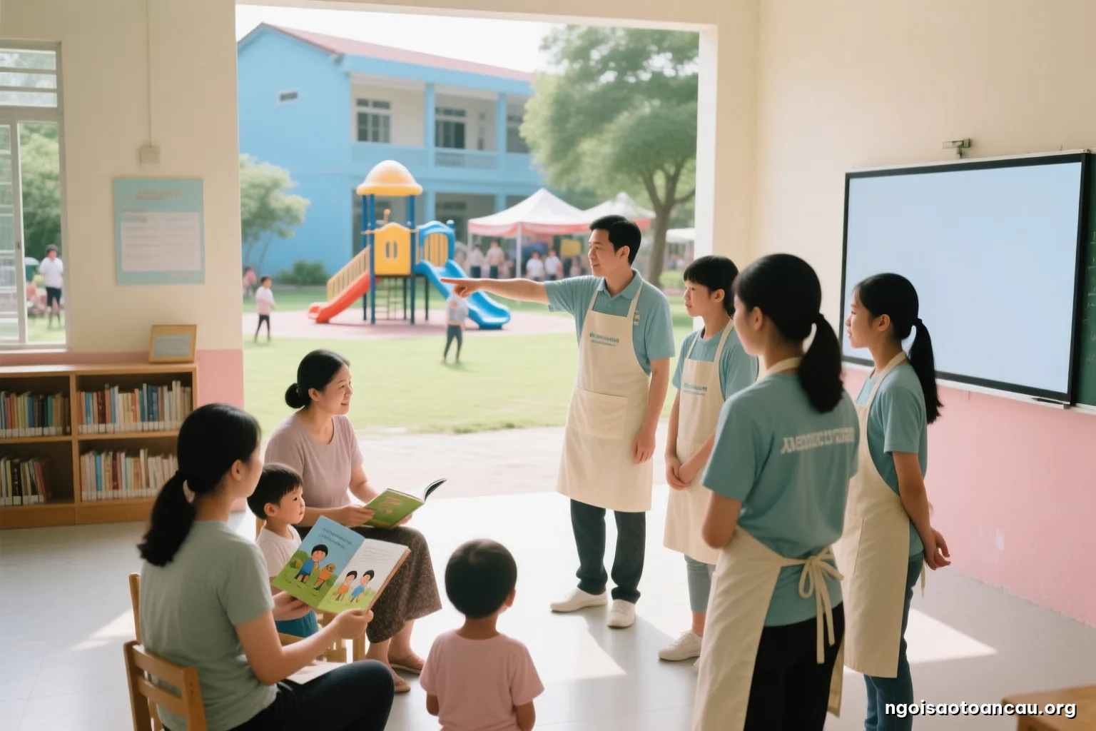 A small group of adult and teenage volunteers in matching light-colored aprons standing in a semicircle in a courtyard, one adult gesturing toward the open space, seen from behind