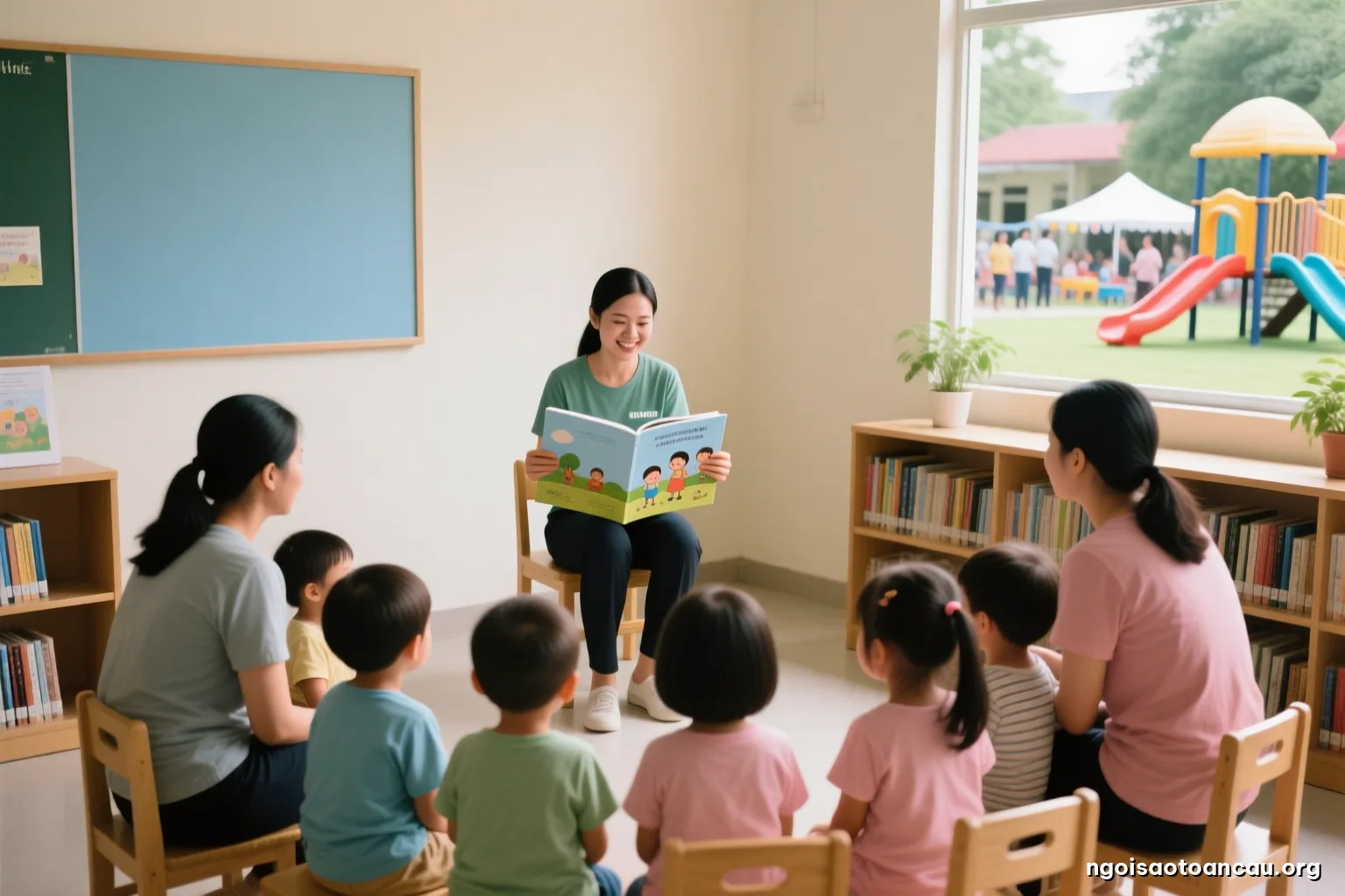 Low angle view inside a community library children corner, a volunteer sitting on a small chair holding up a large open picture book toward a semicircle of seated children, backs to camera, warm light