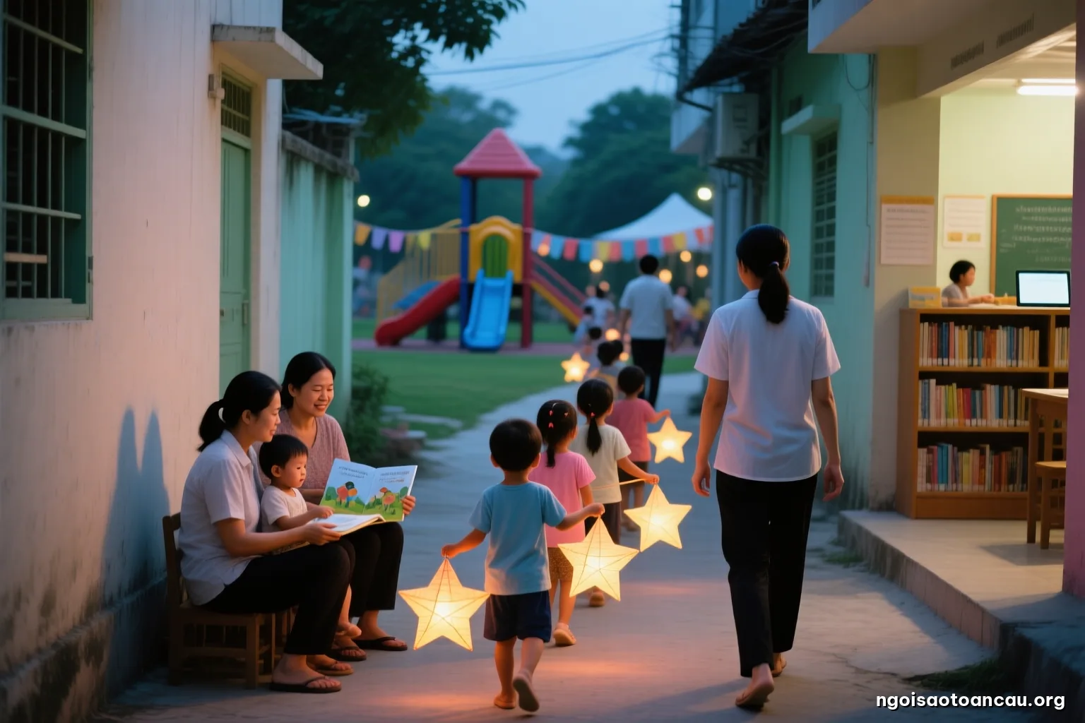 Evening in a narrow residential alley, a short line of small children carrying glowing star-shaped paper lanterns, adults walking at both ends of the group, warm low light, view from behind