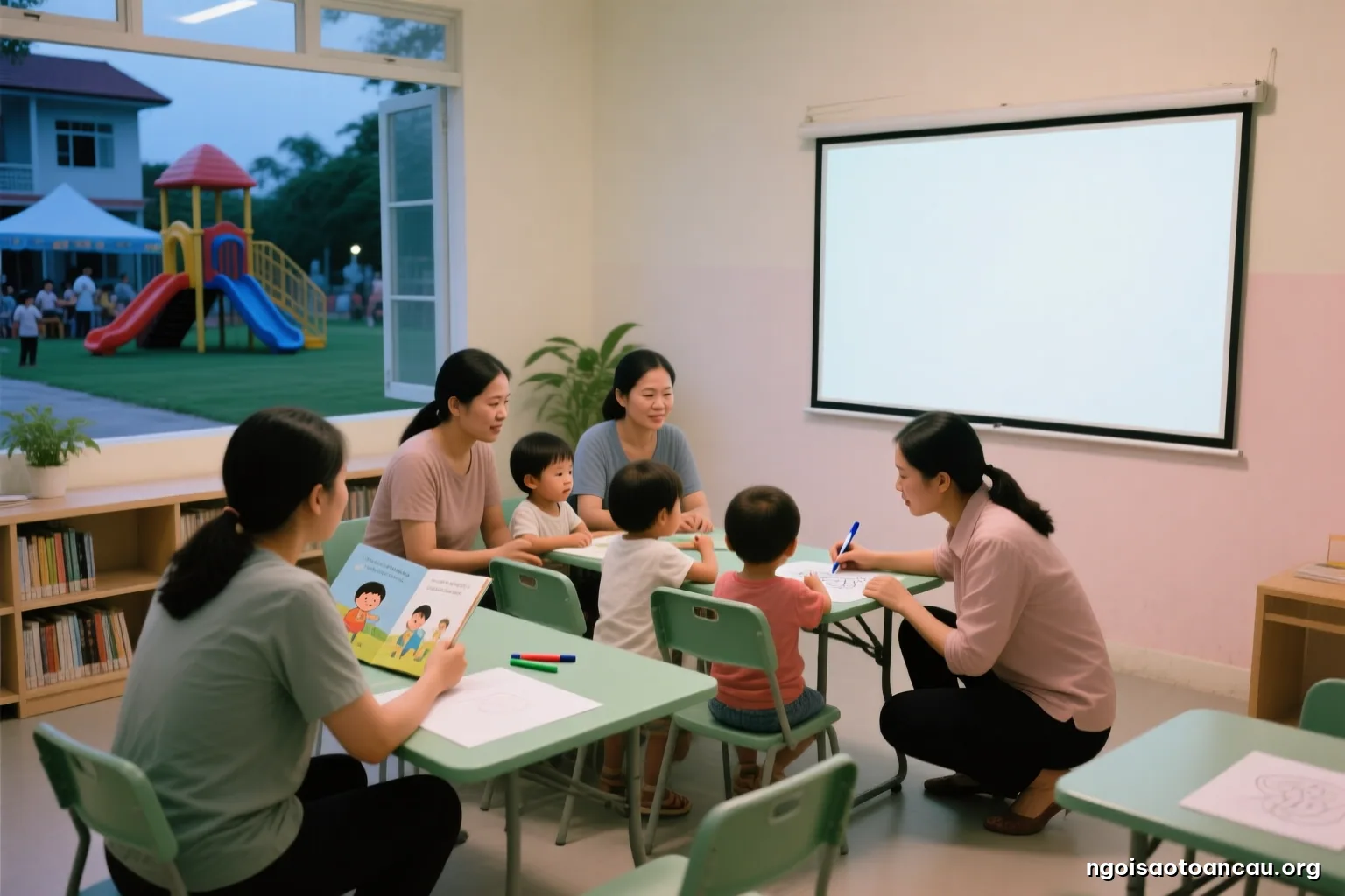Community room on a weekday evening, parents in small groups around folding tables with blank paper and markers, a facilitator crouching beside one group, children drawing at the back