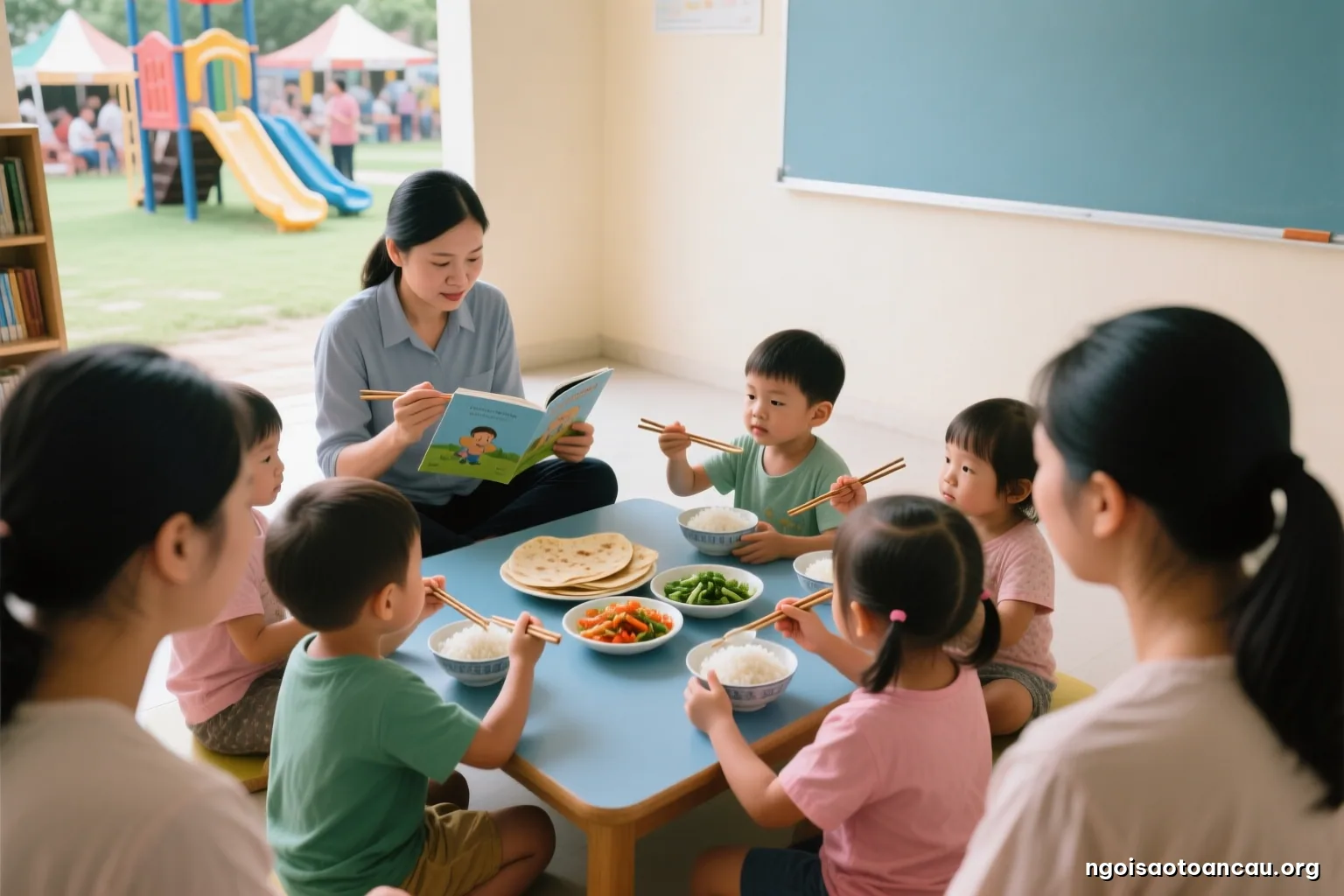 Several small children sitting cross-legged around a low table sharing bowls of rice, flatbread and pickled vegetables, using chopsticks, spoons and fingers, shot from above showing only hands