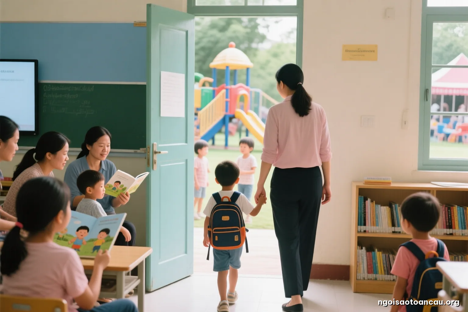 A six-year-old child holding a parent hand at the doorway of a bright primary classroom on the first morning, small backpack, other children inside, both seen from behind