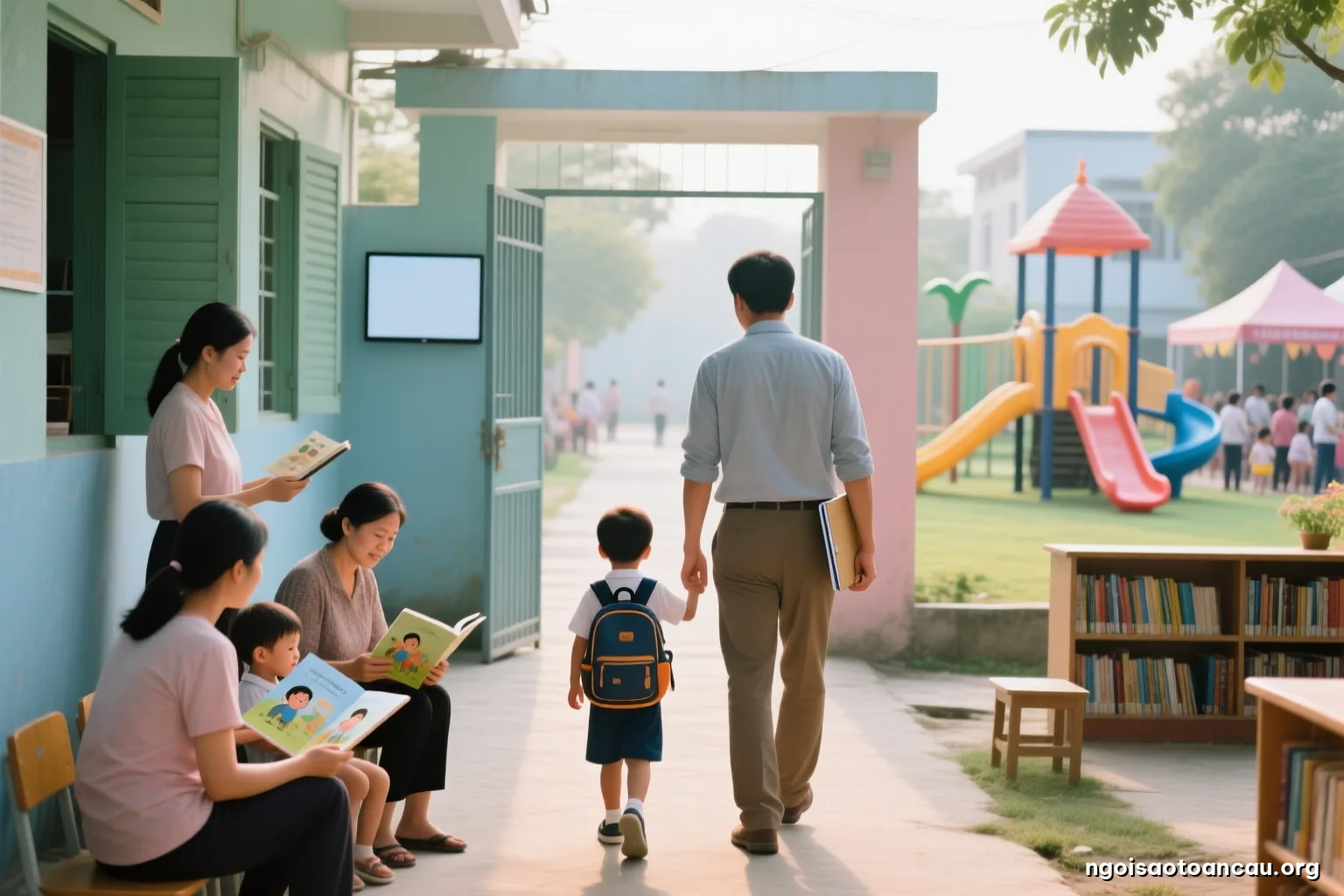 A young father holding a small backpack and a folder, walking a preschool-aged child along a narrow alley of rented rooms toward a school gate, viewed from behind, morning haze
