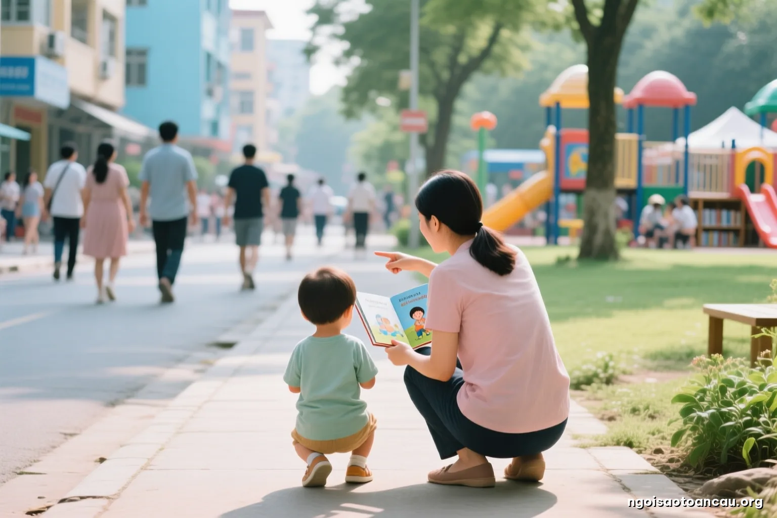 A mother crouching beside her small child on a busy city sidewalk, gently talking while pointing toward a park, both seen from behind, afternoon light, blurred passersby