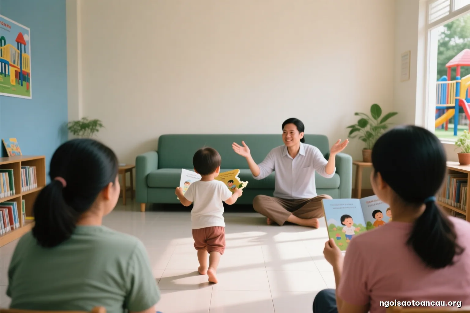 A toddler walking away across a tiled living room floor holding a chewed board book, a parent sitting cross-legged in the background with arms open, both faces out of view, morning light