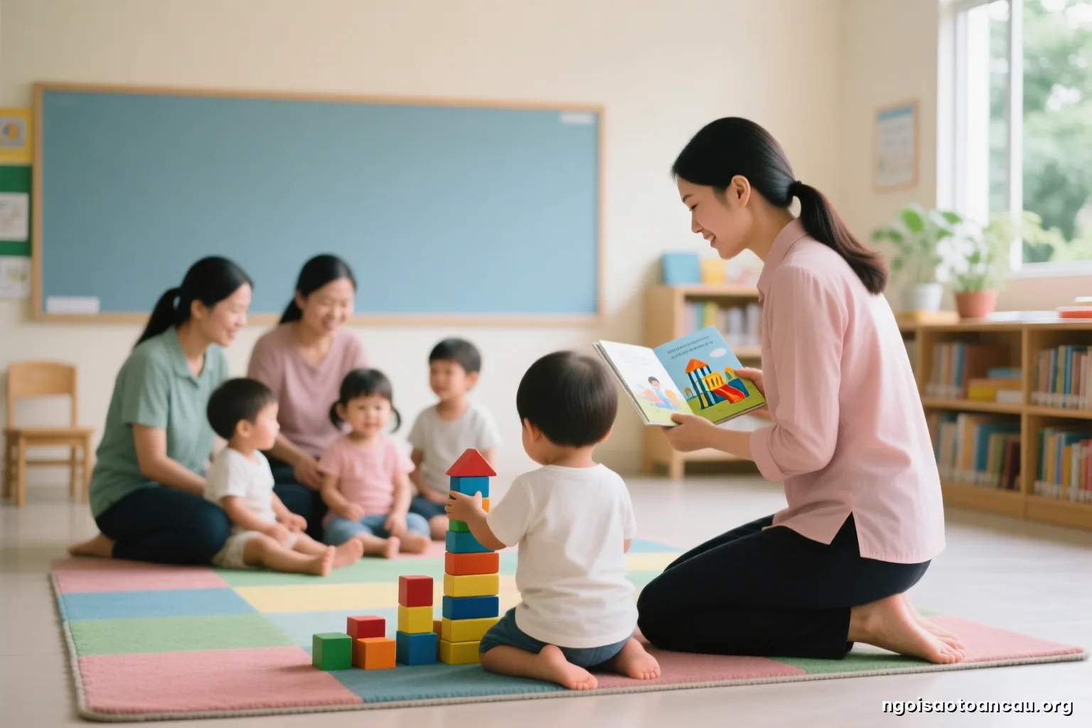 A teacher kneeling beside a small child seen from behind stacking colorful wooden blocks on a classroom rug, other children playing softly blurred in the background, gentle daylight