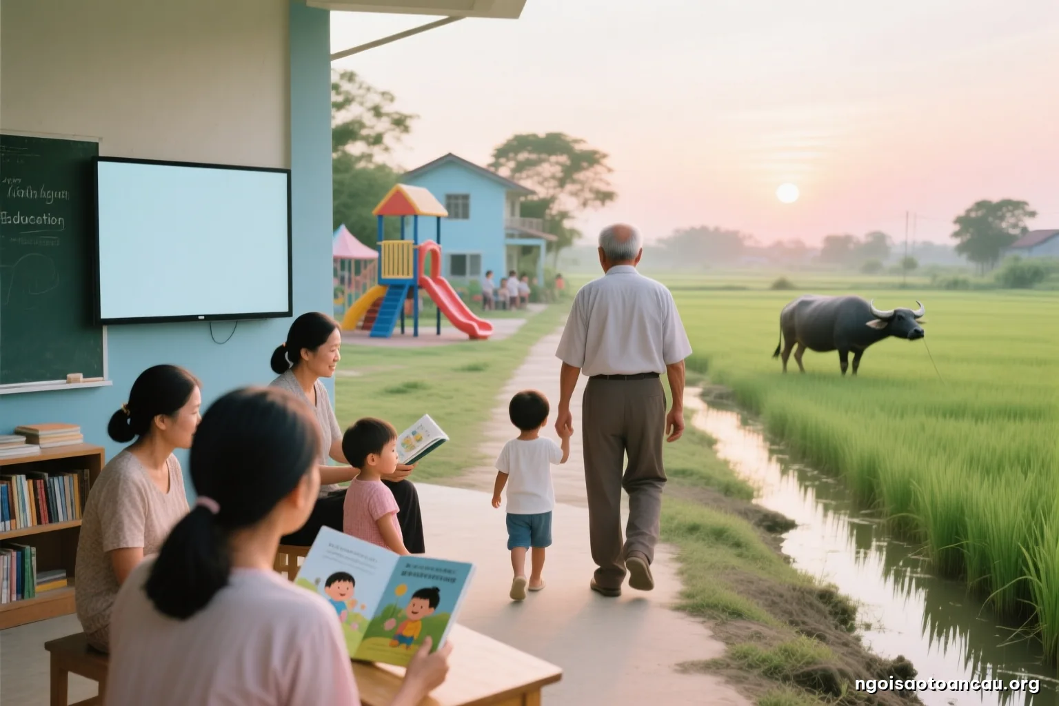 A grandfather walking a small child along a rice field dike toward a rural kindergarten at sunrise, both seen from behind, water buffalo in the distance, soft green tones