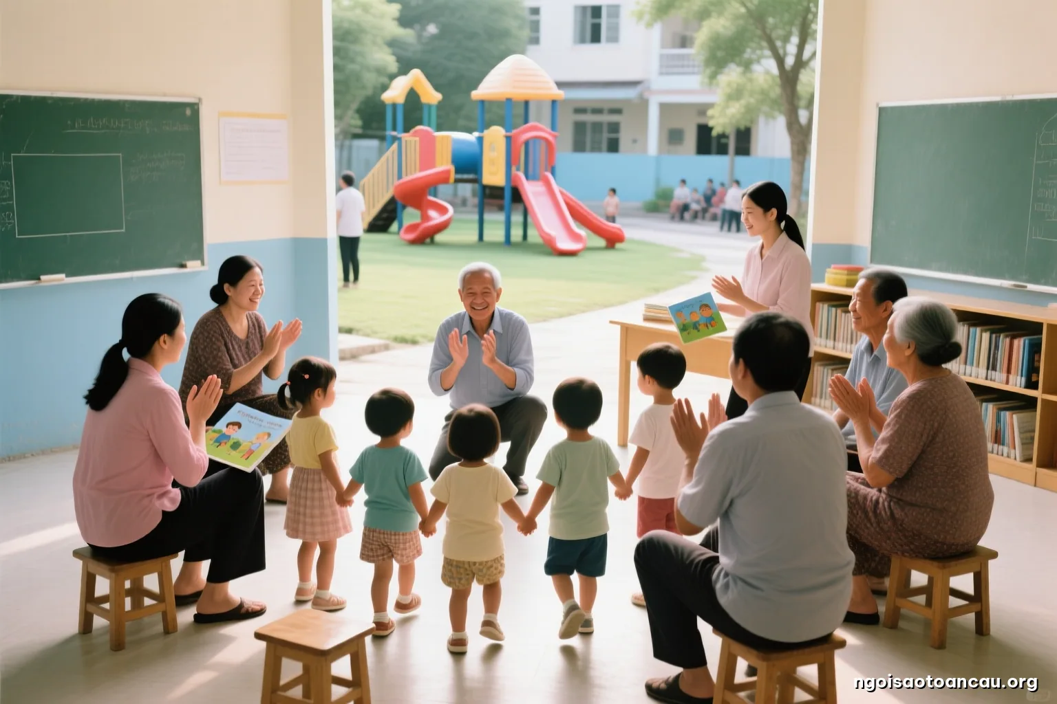 Courtyard afternoon, a circle of small children holding hands and walking around while an older adult crouches in the middle clapping, grandparents watching from low stools, wide shot