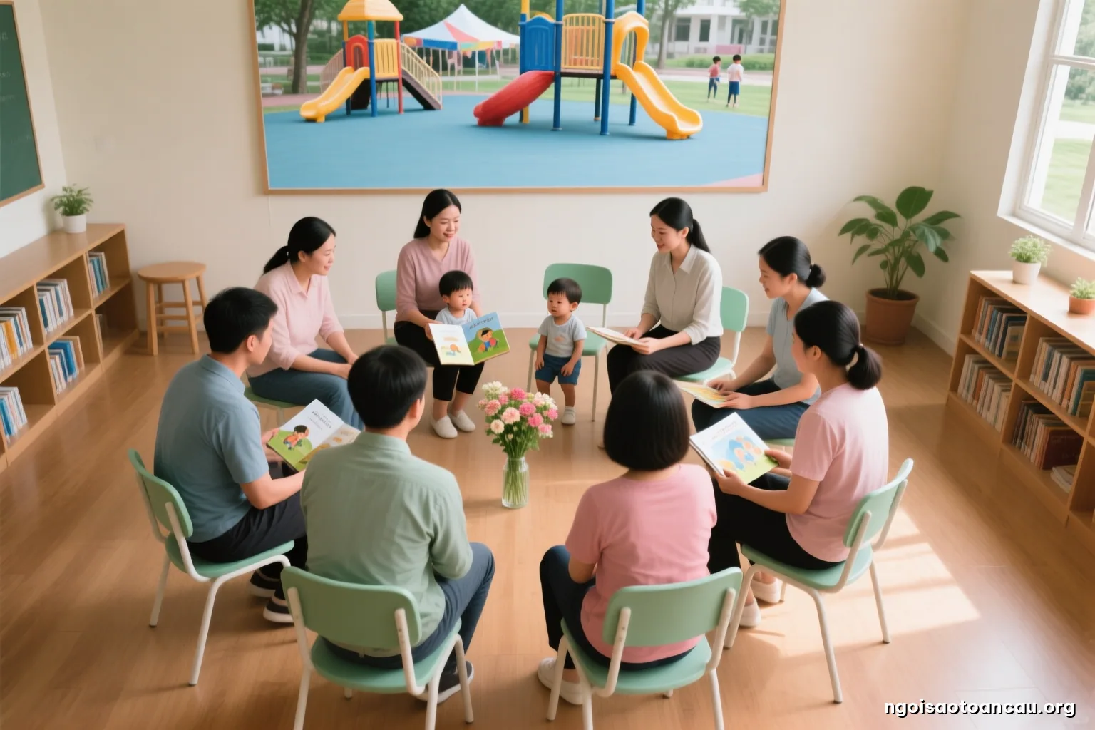 Top-down view of eight chairs arranged in a circle on a wooden floor, adults seated with hands resting on knees, a small vase of flowers in the centre, morning daylight