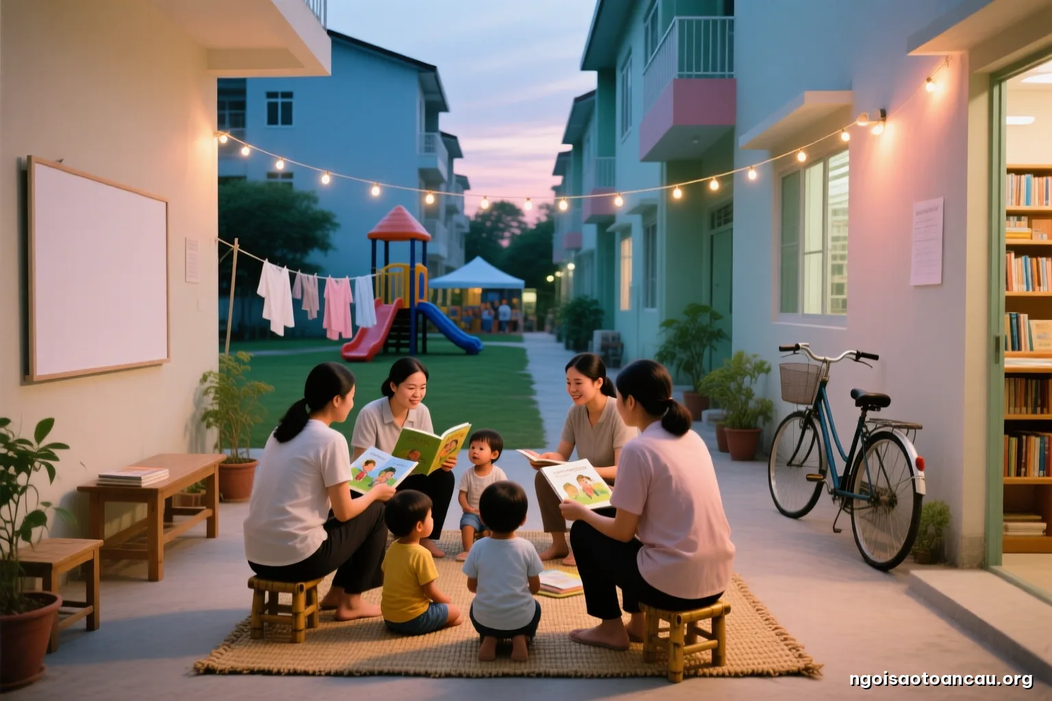 Narrow courtyard of a rented workers housing row at dusk, a few parents on low stools around a woven mat, children nearby, clotheslines and bicycles, warm string light, wide angle